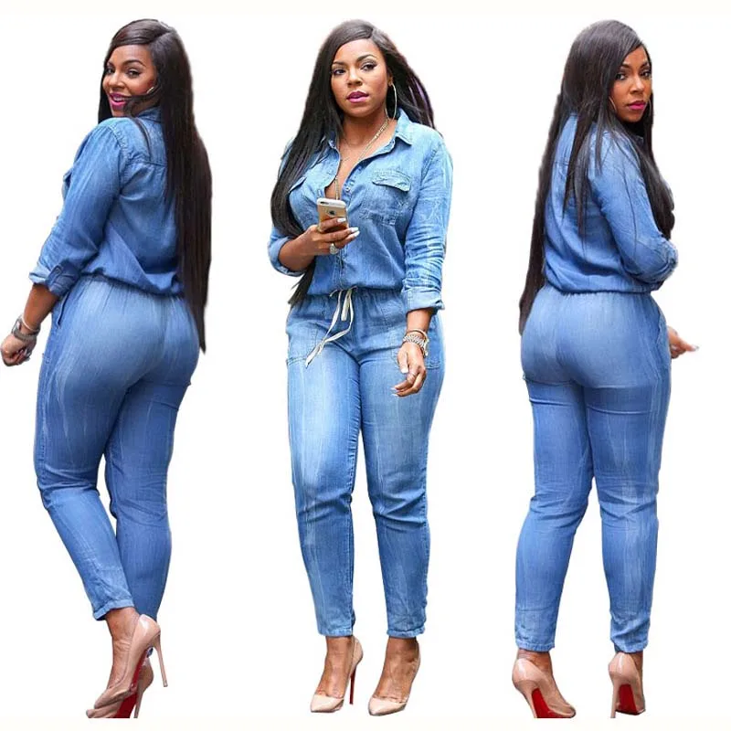 

Fashion Bandage Jeans jumpsuit women's Slim Long Sleeves Long Pants Trndown Colar Casual Rompers Plus Size S-XXXL