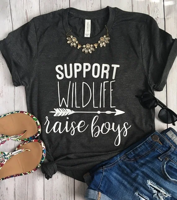 Style Women's T Shirt Support Wildlife Raise Boys Letters Printed Women O-Neck Casual Funny T- Mom   Life 