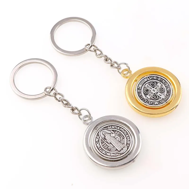 Round Rotatable Saint Benedict Medal Key Chains of St. Benedict Silver and Yellow Gold Color for Car Key Charms 35*40m