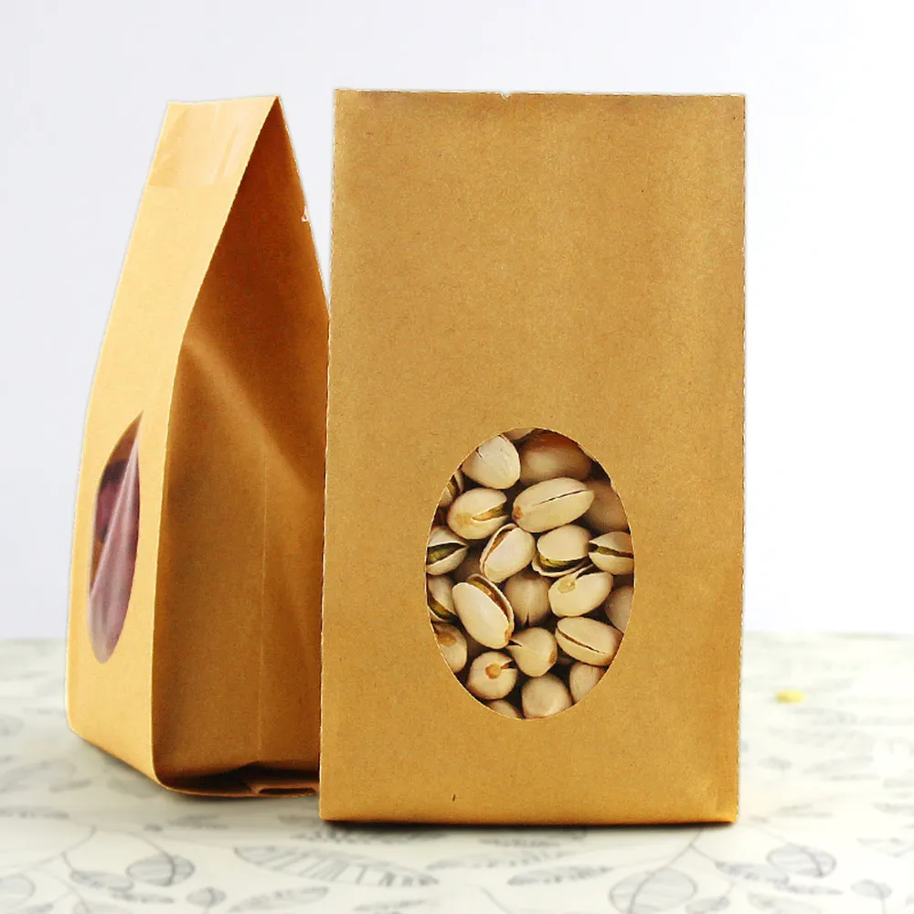 10*28+6cm Stand Up Open Top Kraft Paper Favor Organ Bag W/ Clear Window For Nuts Party Gift Packaging Accordion Pocket 20Pcs/Lot