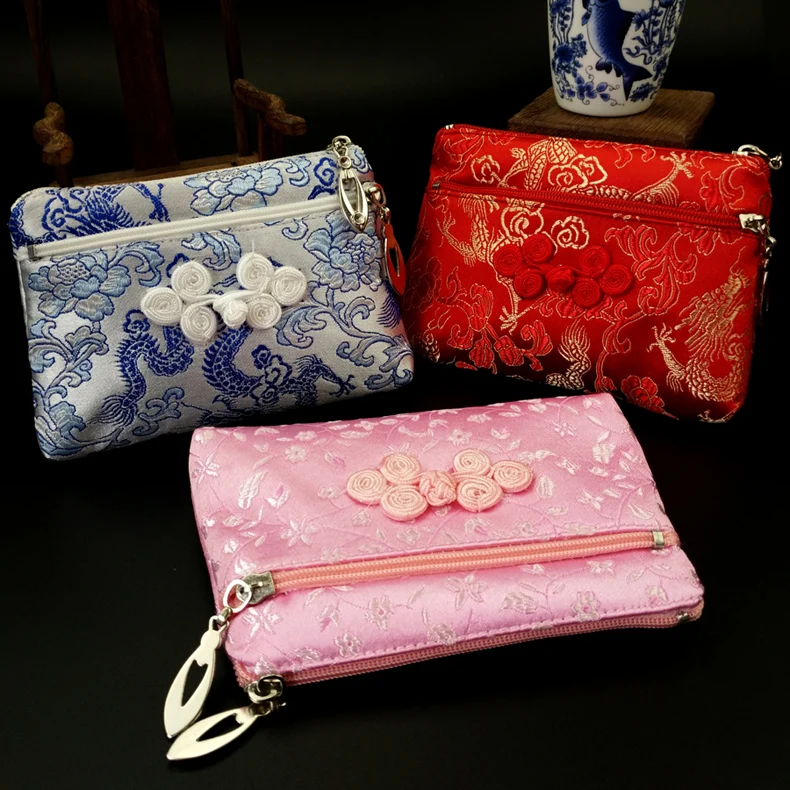 Small Womens Double Zipper Wallet Silk brocade Jewelry Pouch Gift Packaging Chinese knot Small Craft Bags Coin Purses 10pcs/lot