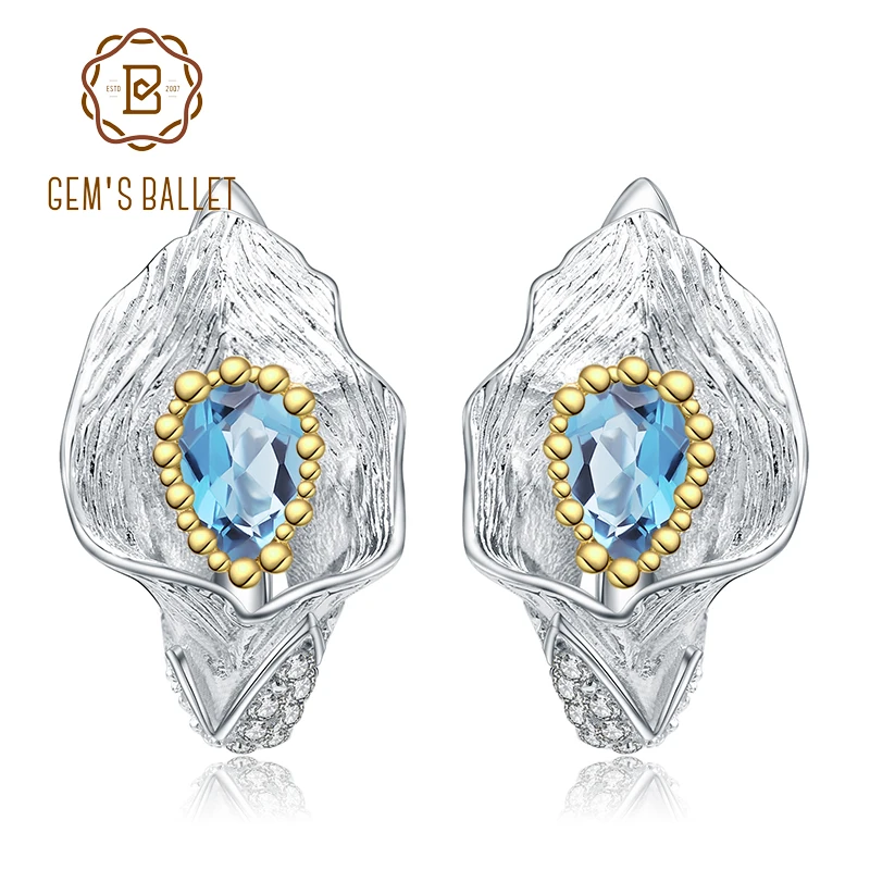 

GEM'S BALLET 1.68Ct Natural Swiss Blue Topaz Callalily Leaf Earrings 925 Sterling Silver Handmade Stud Earrings for Women Bijoux