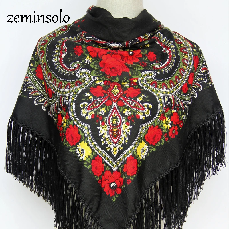 Sciarpe russe invernali di marca di lusso per le donne sciarpa quadrata scialle stampa Bandana floreale fazzoletto di cotone frangia nappa fatta a