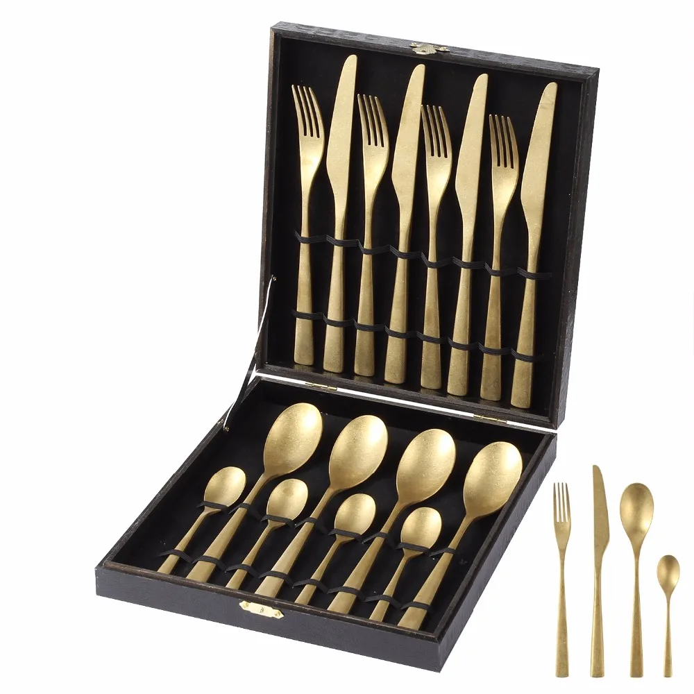 24 Pcs/set Golden Making old Cutlery Dinner Table Sets Tableware Stainless Steel Gold Fork Spoon Knife Set Dinnerware Restaurant