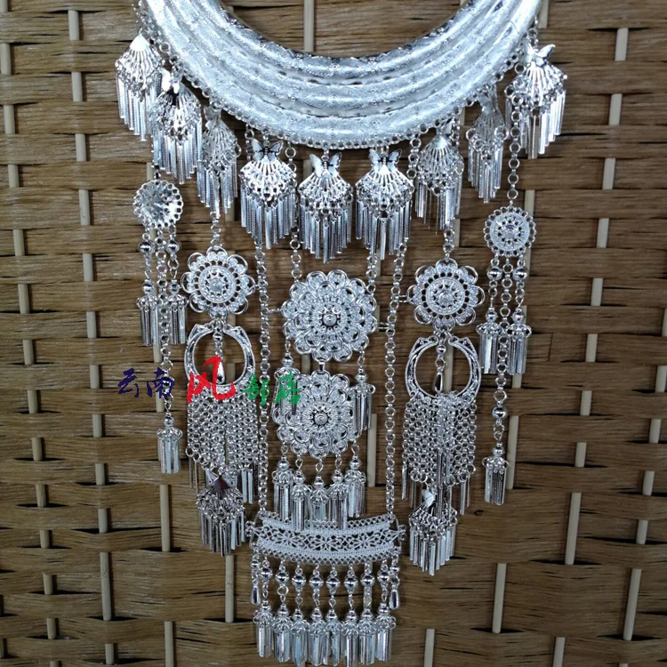 Three Peacocks White Miao Silver Necklace Minority Group Butterfly Tassel Stage Performance Exaggerated Ethnic Accessory