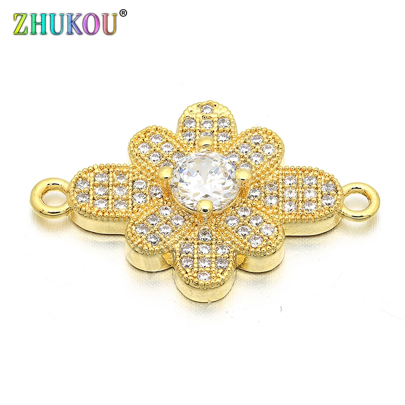 17*25mm Brass Cubic Zirconia Flower Charms Connectors for Diy Jewelry Findings, Hole: 1.5mm, Model: VS44