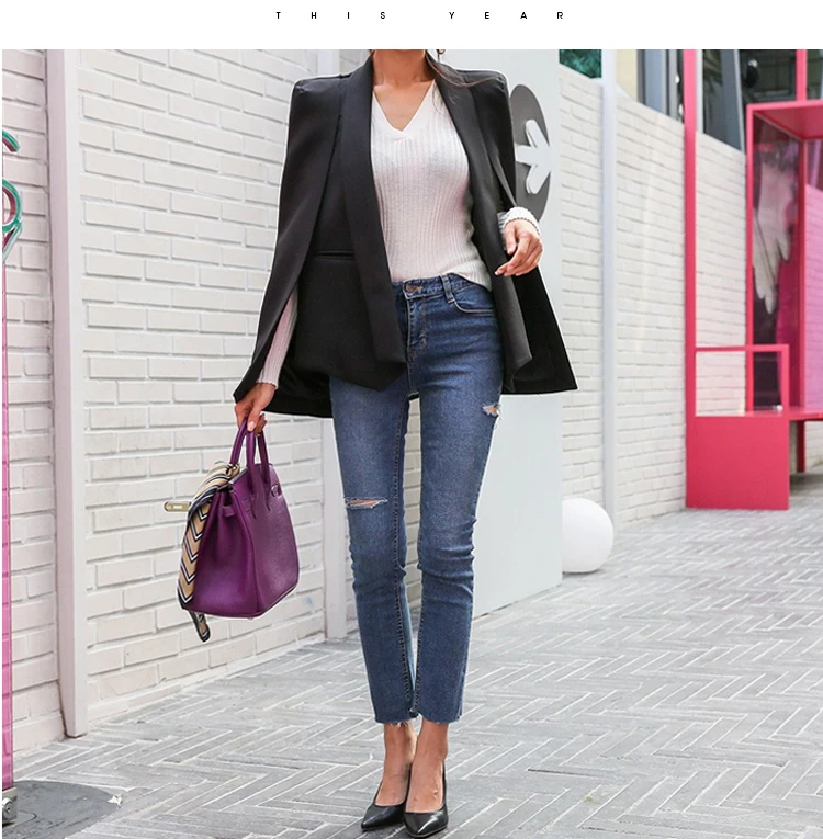 2021 NEW Long Sleeve Cape Blazer Coat Women Notched Split Cloak Cape Jacket Suit Women\'s Blazer OL Office Workwear plaid black