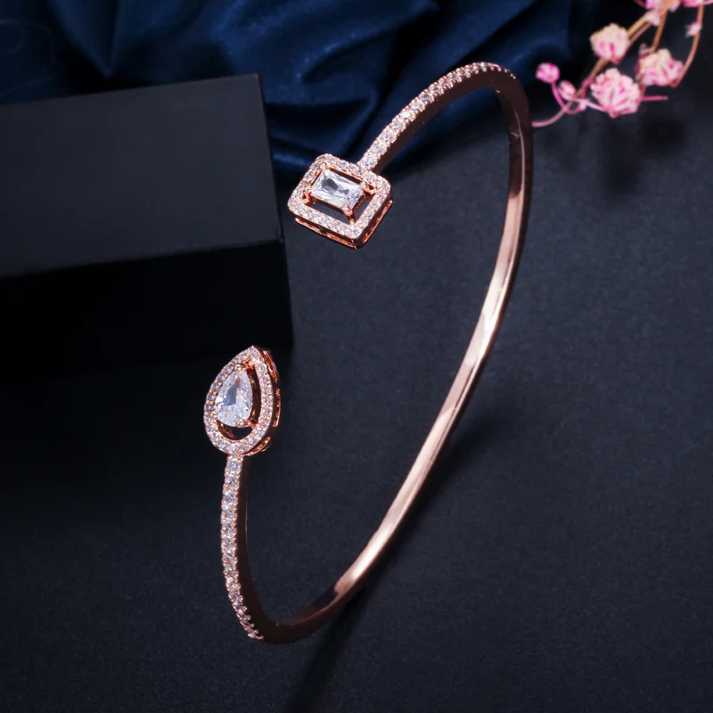 CWWZircons Trendy Exquisite Rose Gold and Silver Color Cubic Zircon Crystal Round Cuff Bangles for Women Dress Jewelry BG031