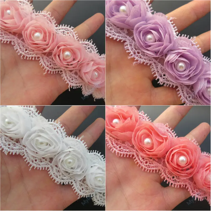 12x Pearl 3D Chiffon Rose Flowers Lace Trim Ribbon Fabric Handmade Embroidered Applique Wedding Dress Sewing Craft Decoration