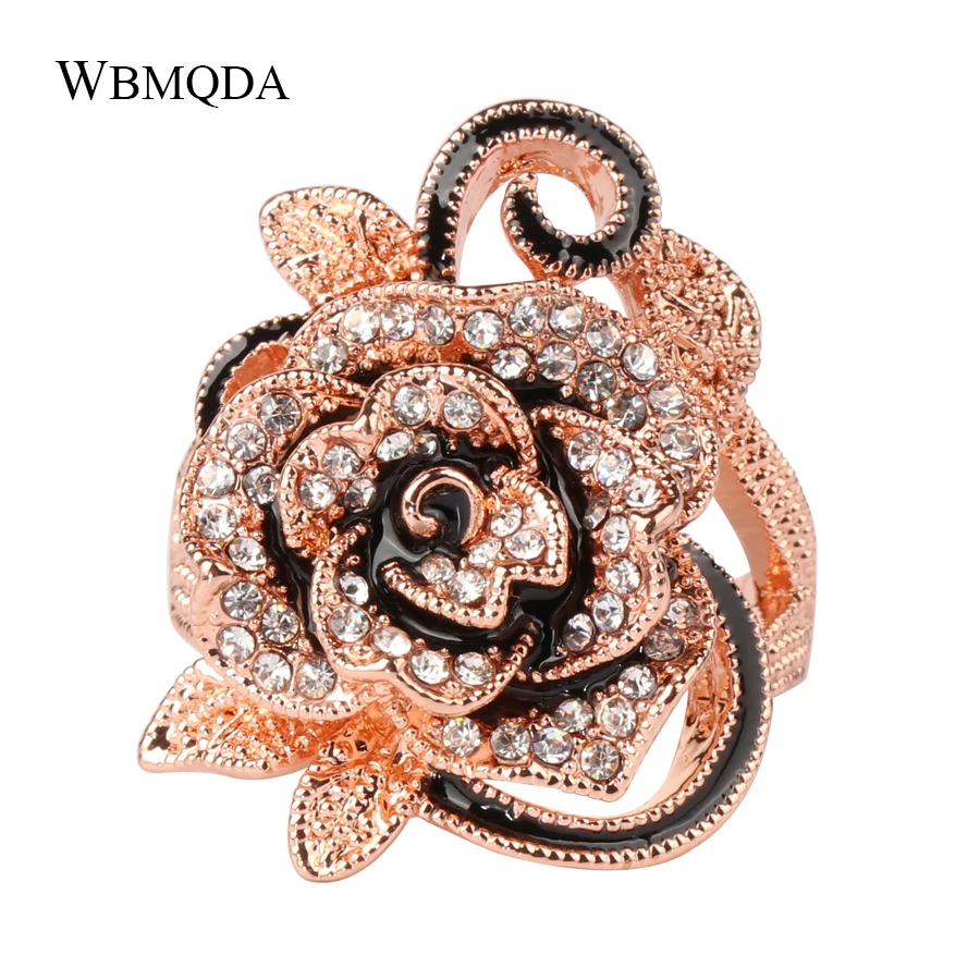 Luxury Crystal Rose Gold Flower Ring Vintage Big Wedding Rings For Women Accessories Fashion Bulgaria Jewelry Love Gift 2018 New