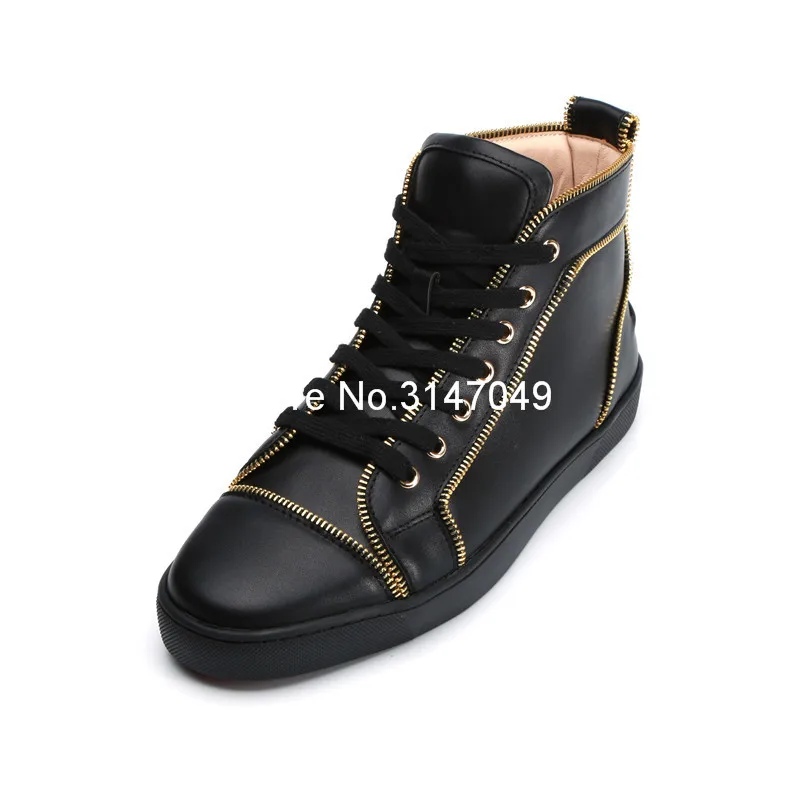 Lace Up Mens Shoes Casual Luxury Shoes Men Gold Zipper Bordered Mens Black High Tops Sneakers Spring Autumn Mens Moccasins Shoes