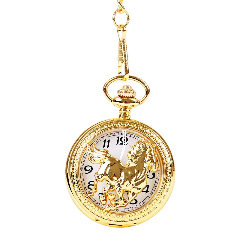 1042  Luxury Glossy Gold And Silver Horse Three-dimensional Pattern Perspective Pocket Watch With Chain Accessories Pocket Watch