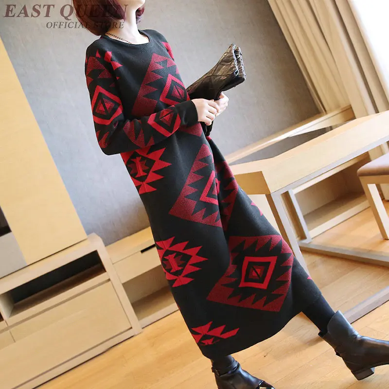 Women dress 2018 spring Autumn Casual Loose Geometric long sleeves maxi dresses hot sale plus size dresses for women DD342 a