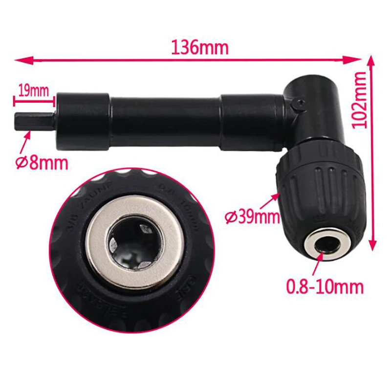 90 grad Rechtwinklig Keyless Chuck Auswirkungen Bohrer Adapter Elektrische Power Akku-bohrschrauber Befestigung Winkel Adapter 8mm Hex Schaft