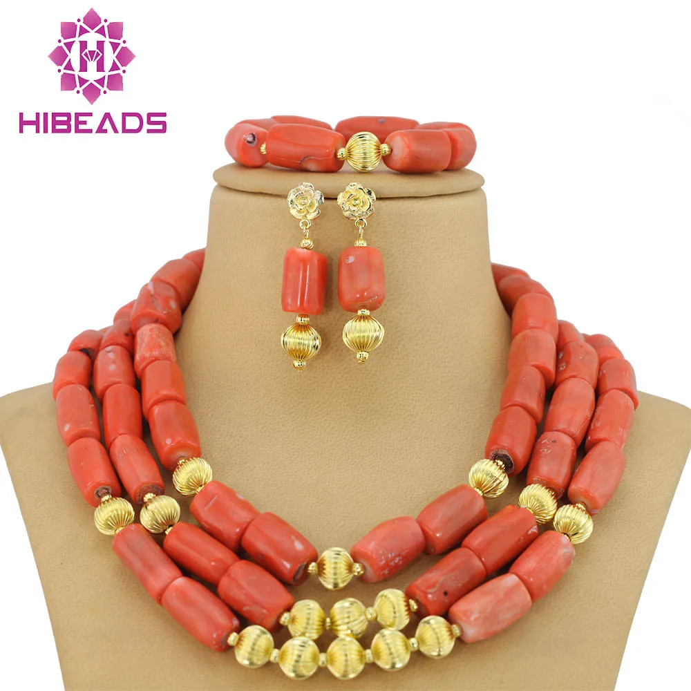 Lastly Made Coral African Beads Jewelry Set 3 Row Red Custom African Wedding & Party Jewelry Set Free Shipping ABS091