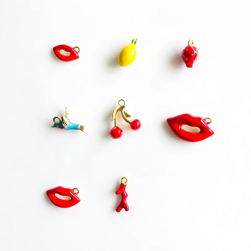 wholesale 6 pcs/lot gold color lip bird strawberry imitated coral branch epoxy charms golden jewelry making DIY for women