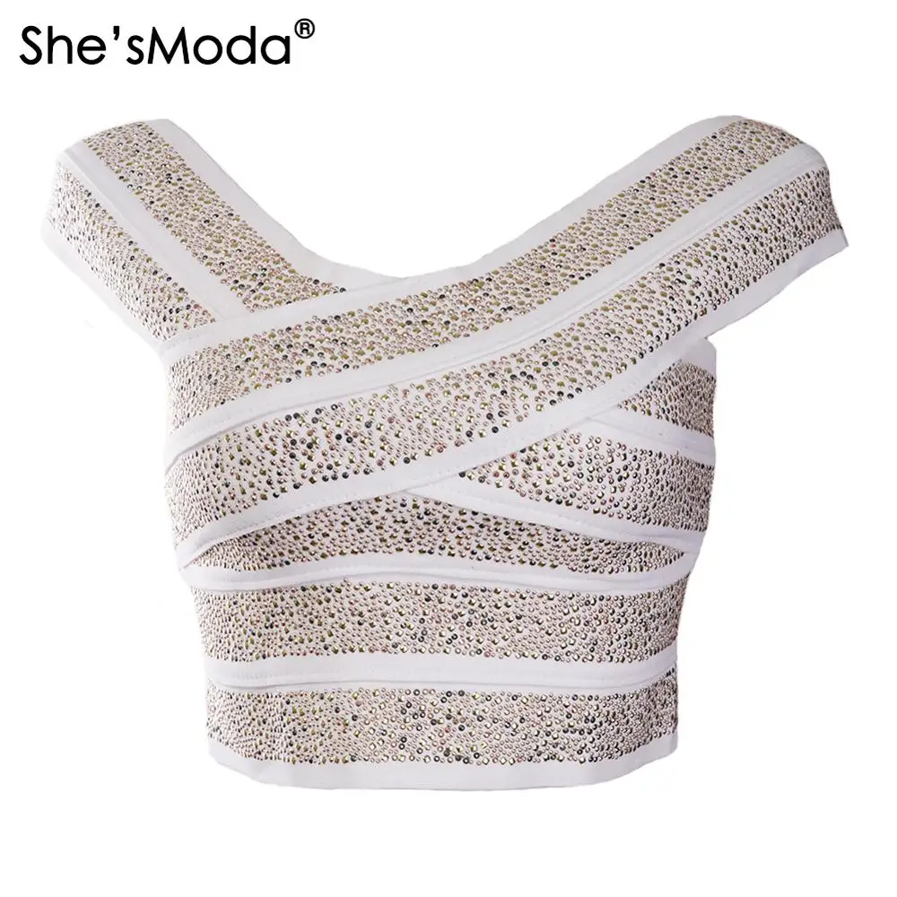 Imagem -06 - Shesmosmoda Rebites Bandagem Slash Neck Magro Feminino Elastano Cropped Topos Colete Tanque Solteira Tamanho Grande