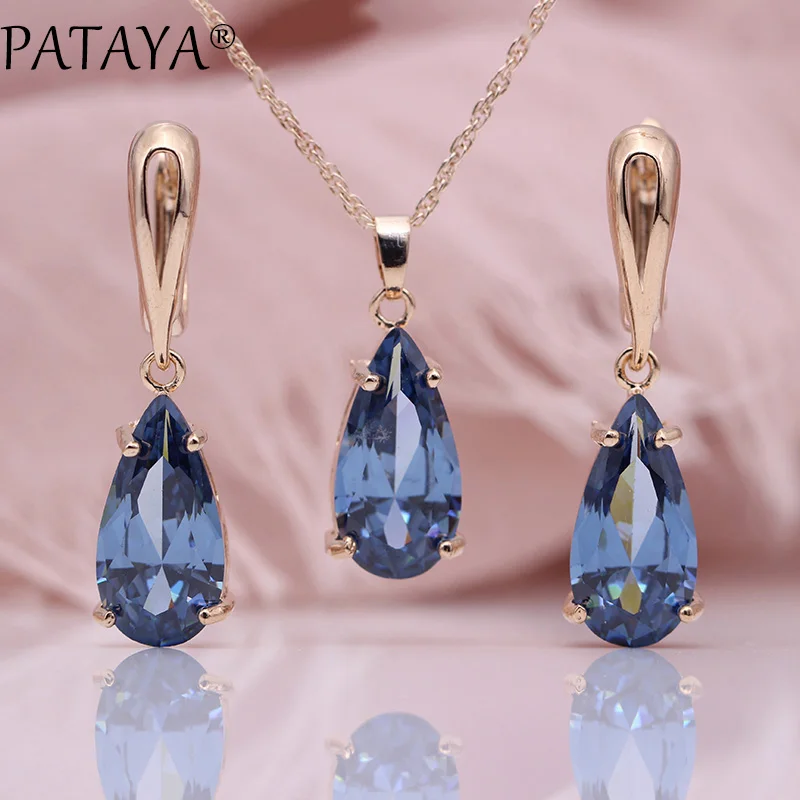 PATAYA New Blue Water Drop Earrings Pendants Necklaces Sets 585 Rose Gold Color Natural Zircon For Women Fashion Jewelry Set