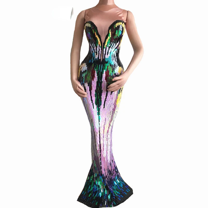 

Colorful Sequins Long Dress Women's Evening Party Wear Luxurious Stretch Dress Prom Birthday Celebrate Female Singer Dresses