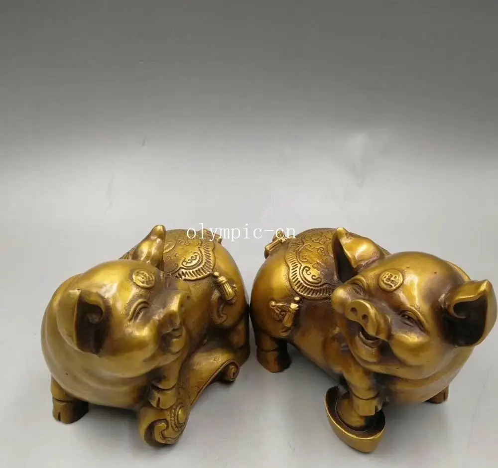 Pair 5'' copper brass home fengshui auspicious animal wealth RUYI pig statue