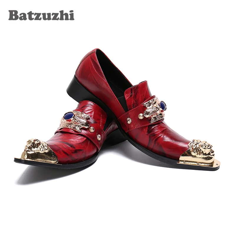 

Batzuzhi Shoes Men Luxury Italian Type Genuine Leather Dress Men Shoes Gold Pointed Toe Red Men Wedding Shoes Party Business, 12