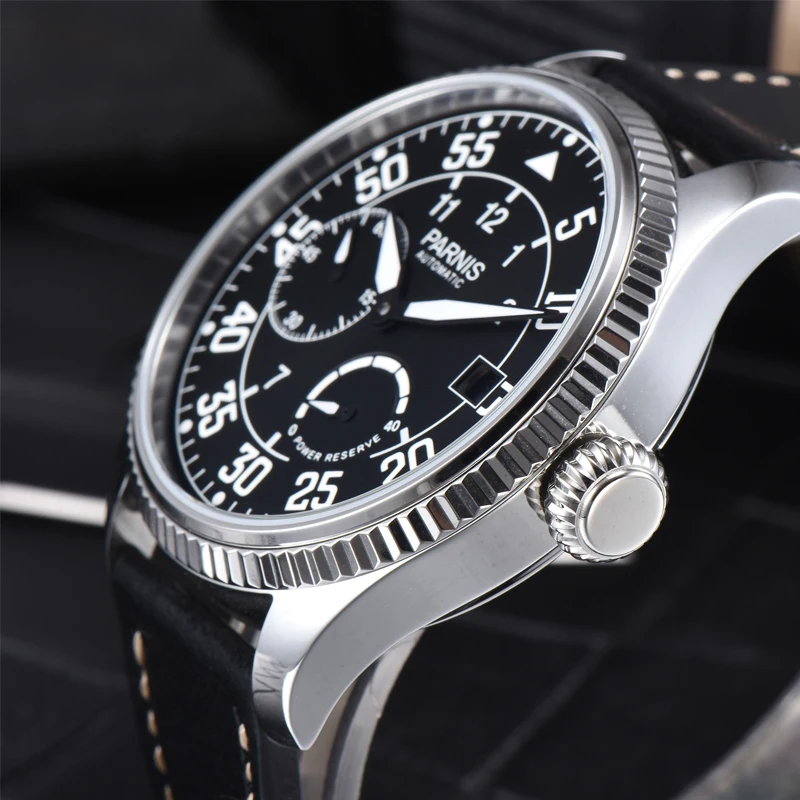 New Fashion Parnis 45mm Black Dial Automatic Mechanical Men\'s Watch Leather Strap Waterproof Men Luxury Wristwatches reloj 2023