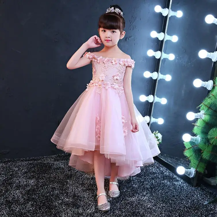 2017 New Shoulderless Flower Girls Dresses For Wedding Appliques Formal Girl Birthday Party Dress Red Lace Princess Ball Gown