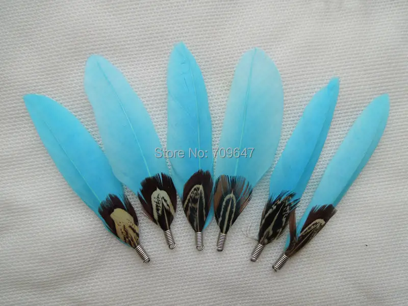 20pcs/lot!8cm Light  Blue Goose Wing Feathers,Goose Quill Feathers&Ringneck Feathers with SPRING FASTENERS for Jewelry Making