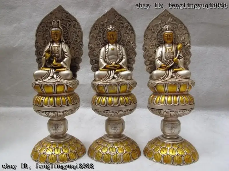 Tibet Copper Silver Gilt Three Saints of the West Guan Yin Buddha Statue Set