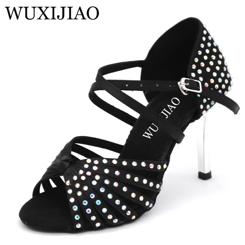 WUXIJIAO Satin Upper Rhinestones Sandals Dance Shoes Latin Ballroom Shoes Women Gold Heel 85mm Girls Dance Shoes Latin