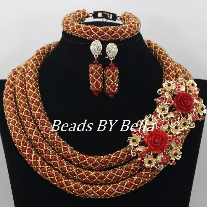 

Latest Gold Red Bridal Jewelry Sets Handmade Crystal Beads Necklace New African Wedding Beads Jewelry Set Free Shipping ABF134