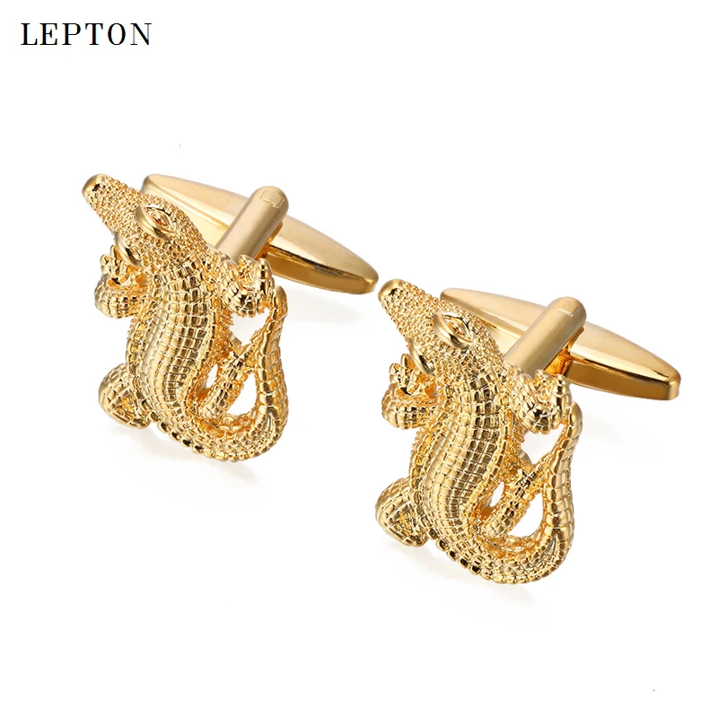 Lepton Crocodile Cufflinks for Mens Gold & Black & Silver Color Fashion Novelty Animal Cufflinks 3D Copper Alligator Cuff links