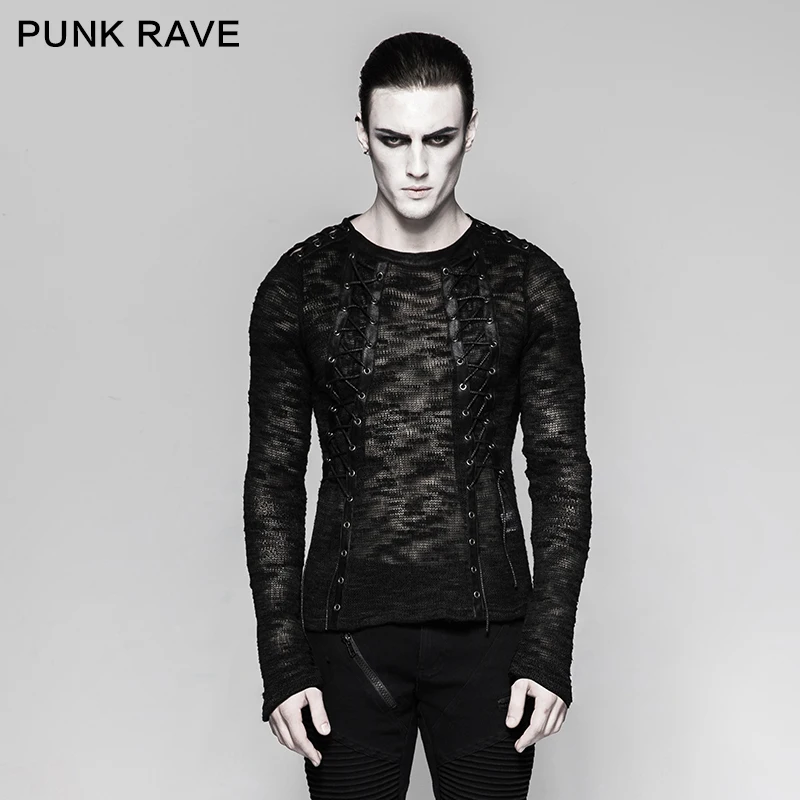 Punk Rave Men\'s Sexy Hollow-out Strappy Sweater Top Shirt Black Banaged Rock performace Top T474