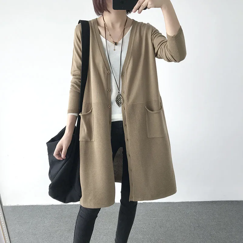 

New Spring Autumn Women Shawl Loose Long Outerwear Women Jacket New Solid V-neck Long Sleeve Knit Sweater Cardigan Coat HK130