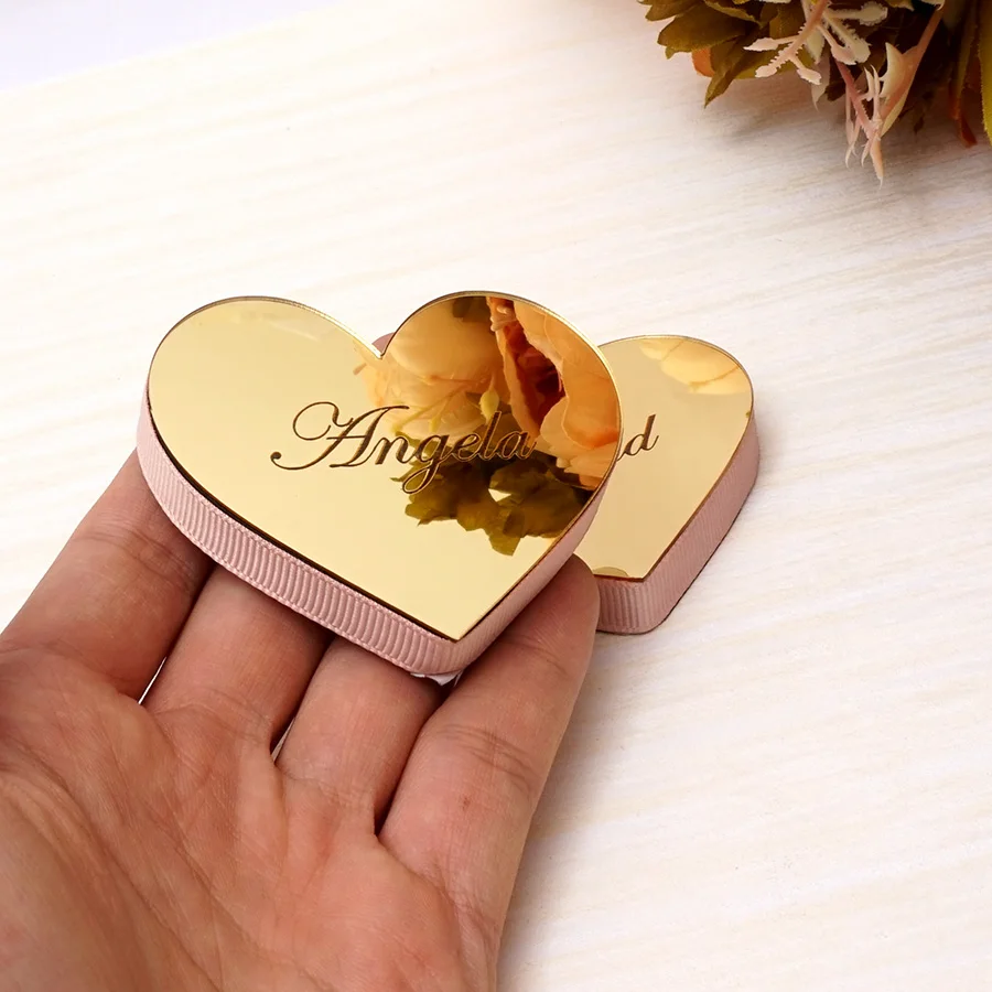 2 Pieces 6.5cm Hearts Mirrored 1cm EVA With Ribbon Personalized Custom Name Date Wedding Gift Home Decoration