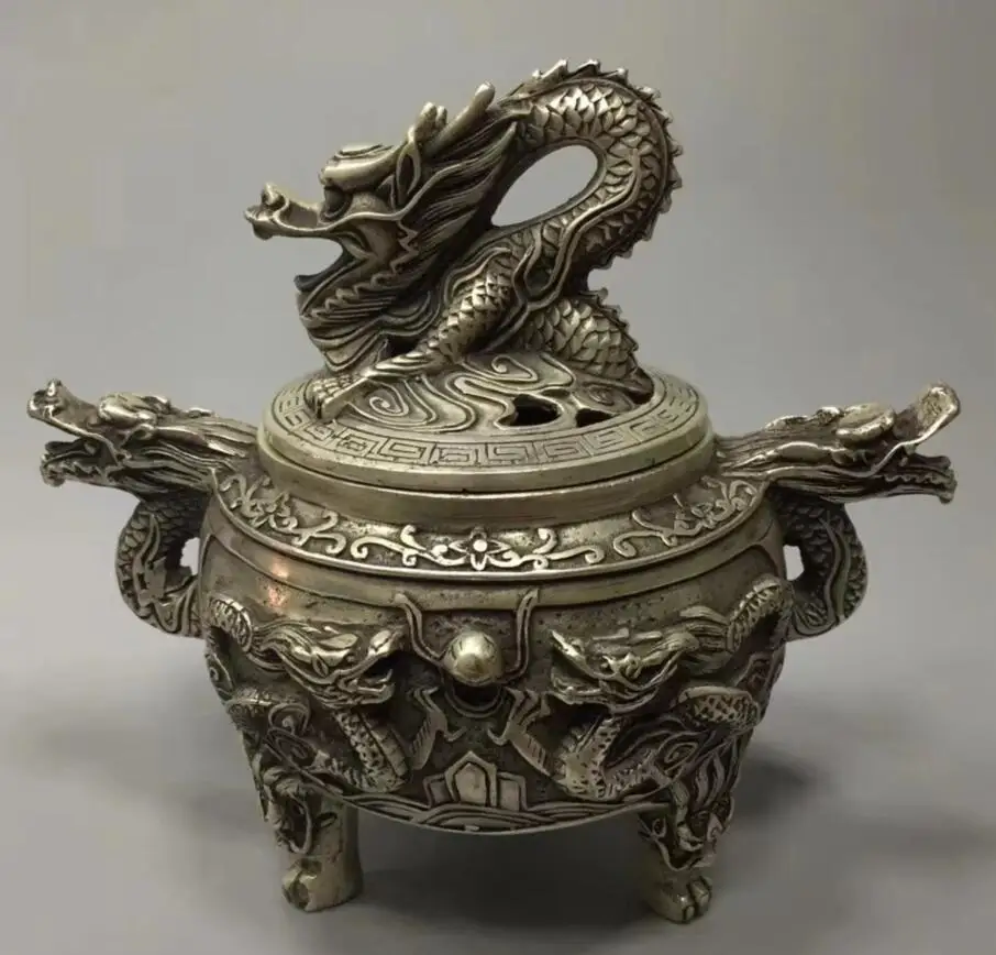 

Collect archaize white copper dragon Incense burner crafts statue