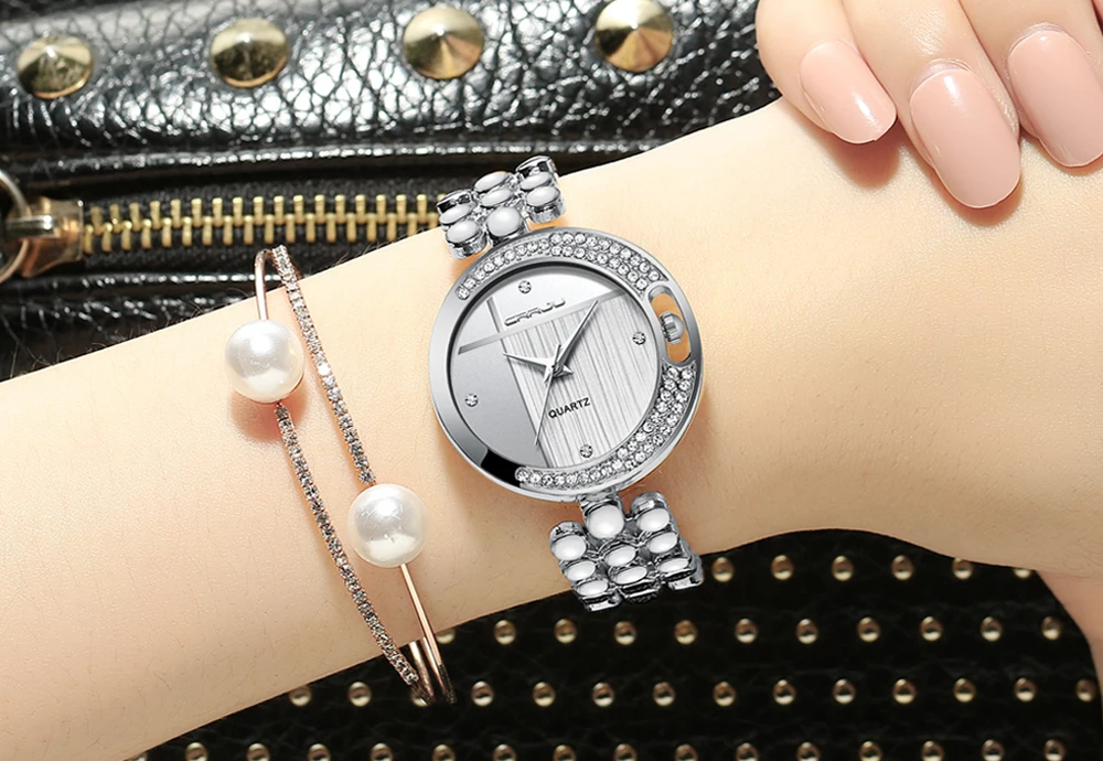 Relojes Mujer CRRJU نساء موضة حجر الراين ساعات كوارتز سوار فولاذي غير قابل للصدأ moonlike السيدات كريستال فستان ساعات المعصم