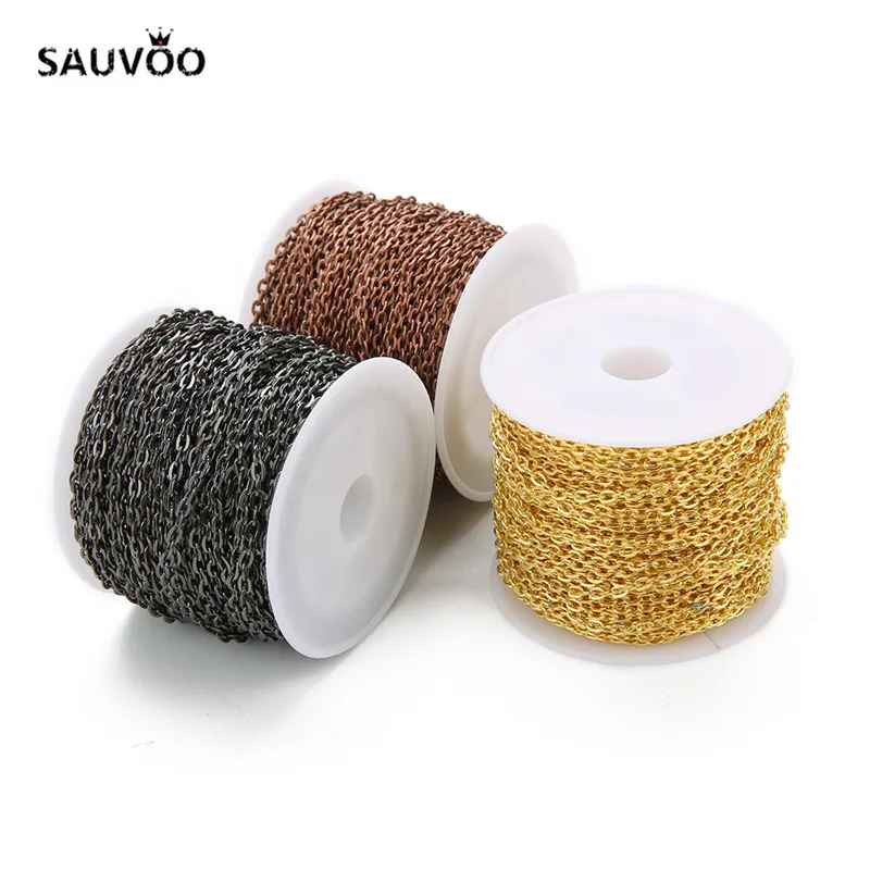 10 jardów / rolka 2x3mm 3x4mm Żelazny płaski łańcuszek Rolo Bulk Chain Złoto Srebro Antyczny Brąz Czarny Kolor Łańcuchy do bransoletki naszyjnika DIY