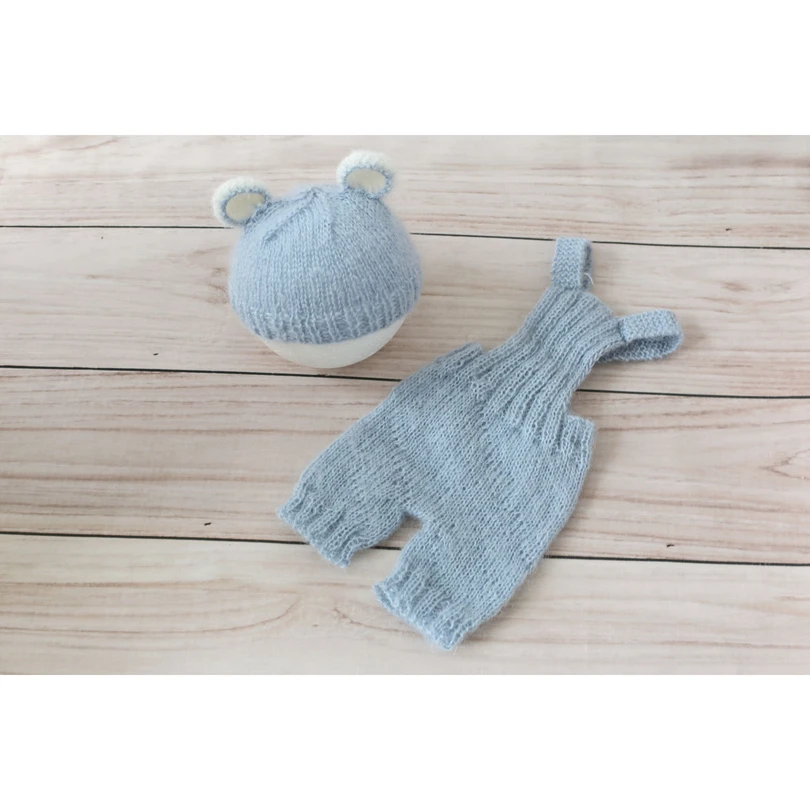 Newborn Overall Outfit Crochet Mohair bear bonnet Photography props Infant Hooded romper pant and hat full set Newborn onesie