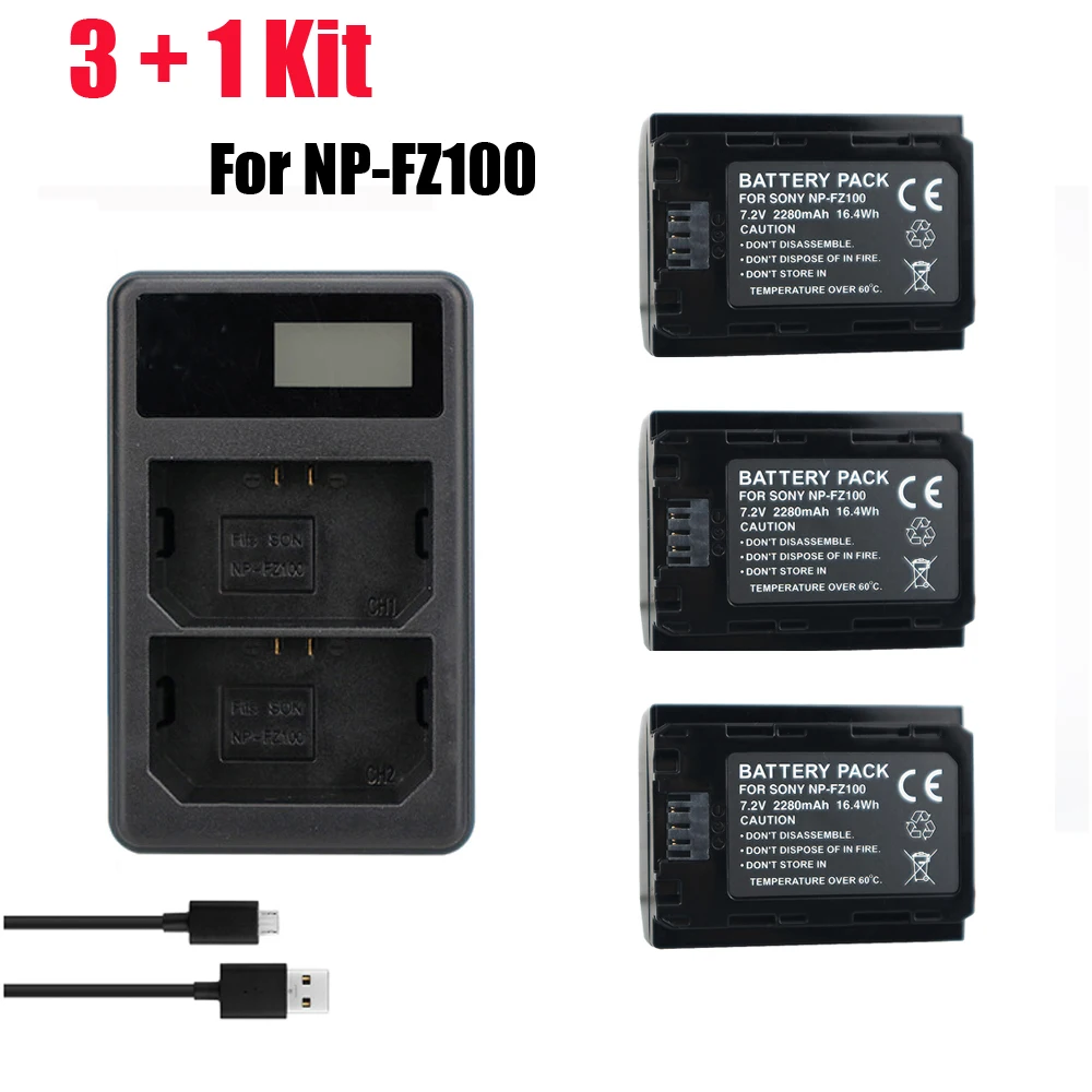 

3pcs NP-FZ100 NP FZ100 NPFZ100 Battery + NP FZ100 LED Dual Battery Charger for SONY ILCE-9 A7m3 a7r3 A9 7RM3 BC-QZ1 Camera