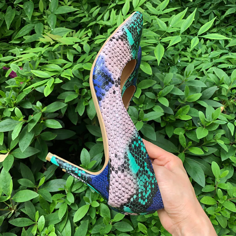 Veowalk Snake Printed Leather Women Sexy High Heels 12/10/8cm Stiletto Fashion Pointed Toe Slip on Pumps Party Shoes for Woman
