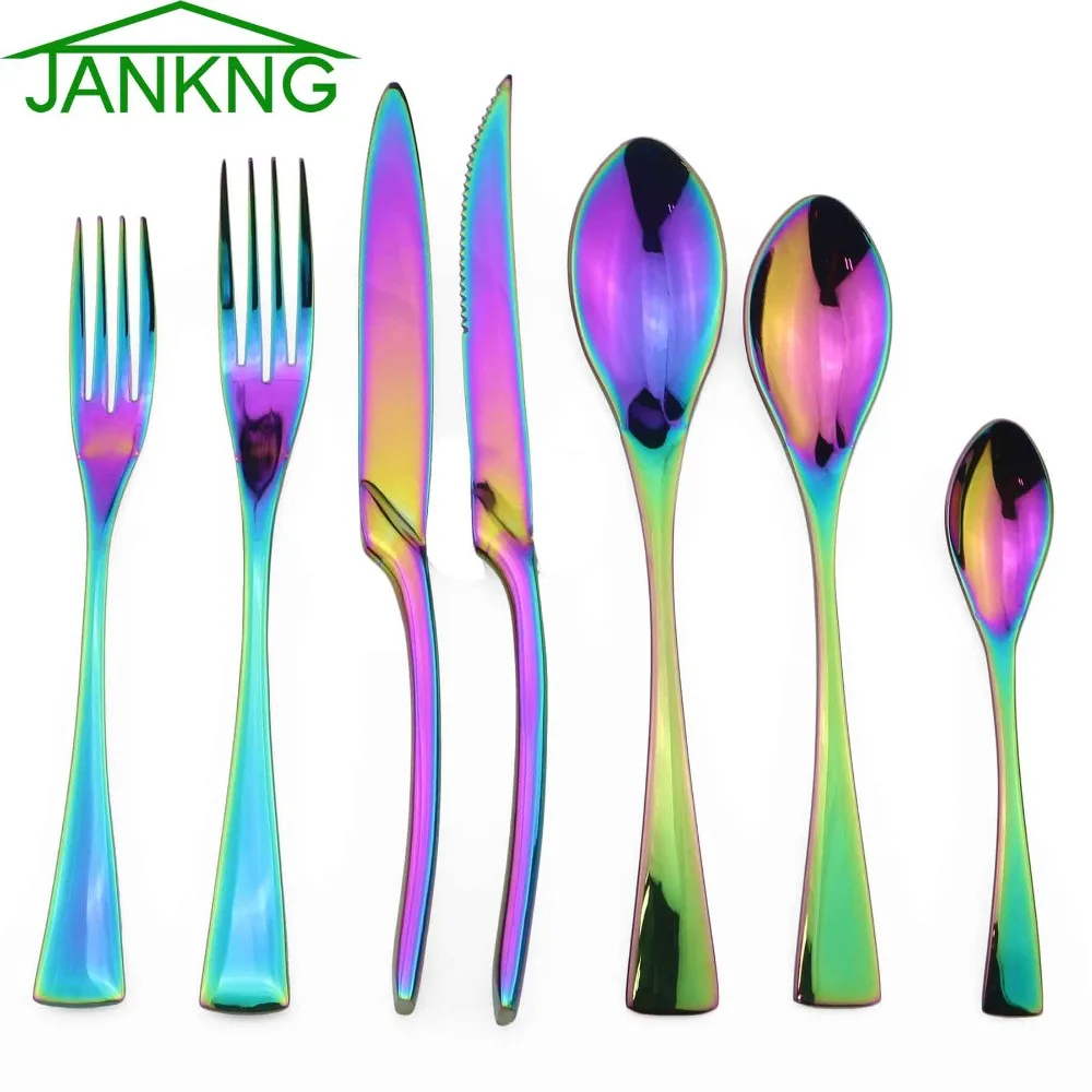 JANKNG 1-Pieces Rainbow Dinnerware Set Colorful Mirror Tableware Set Stainless Steel Western Cutlery Set Kitchen Accessories