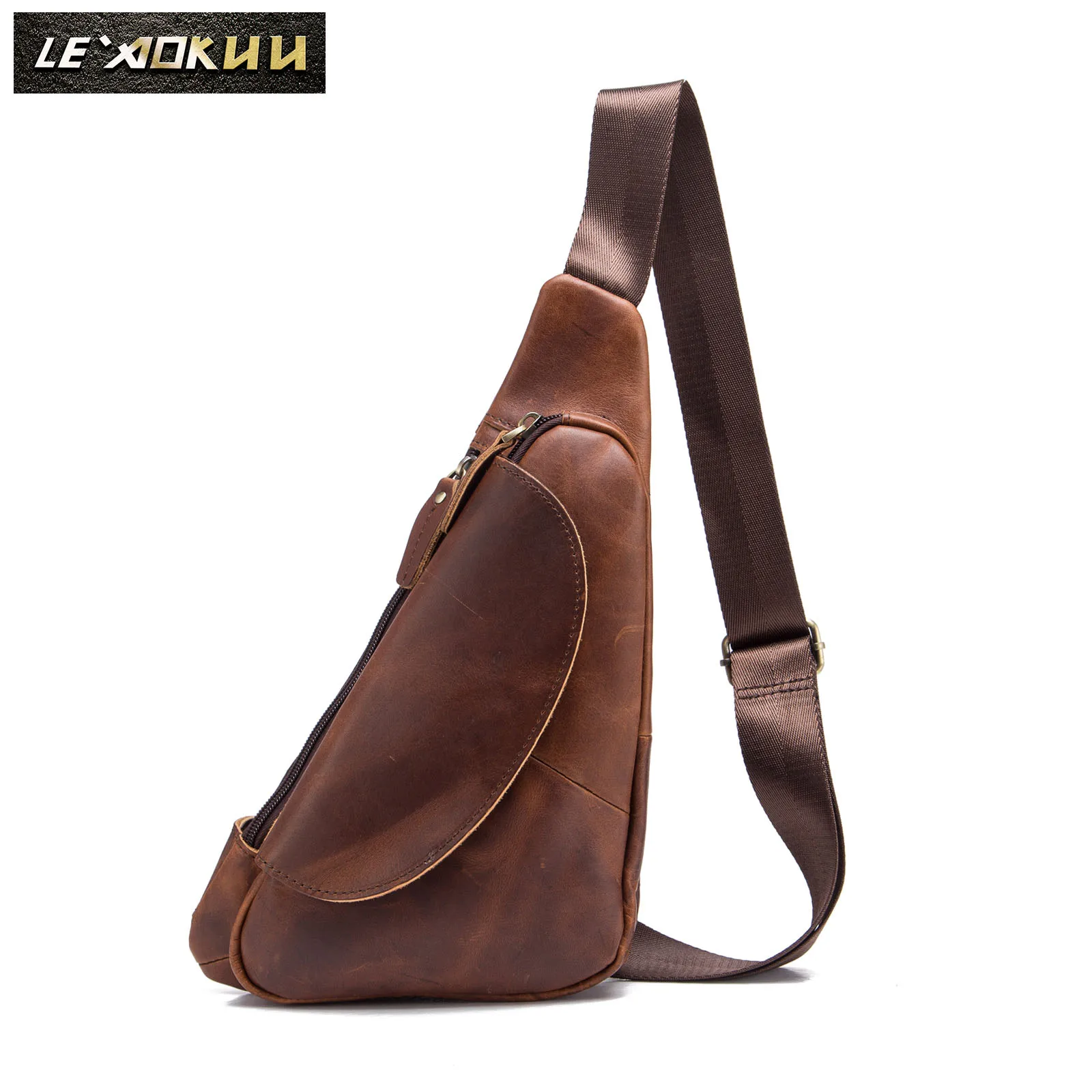 Men Quality Leather Casual Fashion Triangle Crossbody Chest Sling Bag Design Travel One Shoulder Bag Backpack Daypack Male 696-D