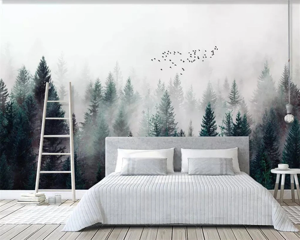 

Custom wallpaper modern foggy forest cloud flying bird Nordic TV background living room bedroom black and white 3d wallpaper