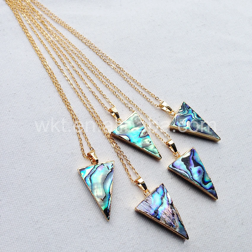 WT-N660 Fashion Abalone Shell Necklace Natural abalone shell pendant 24k gold trim triangle shell pendant 18