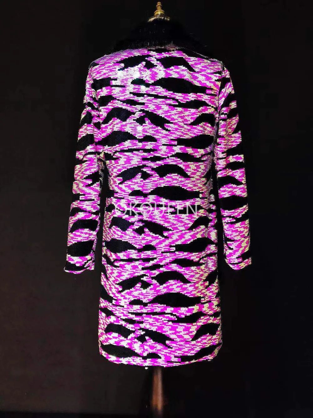 New Fluorescence Pink Zebra Print  Long Coat Fashion Fur Collar Jacket Costumes Nightclub bar Male Singer Dance Stage Show Coat