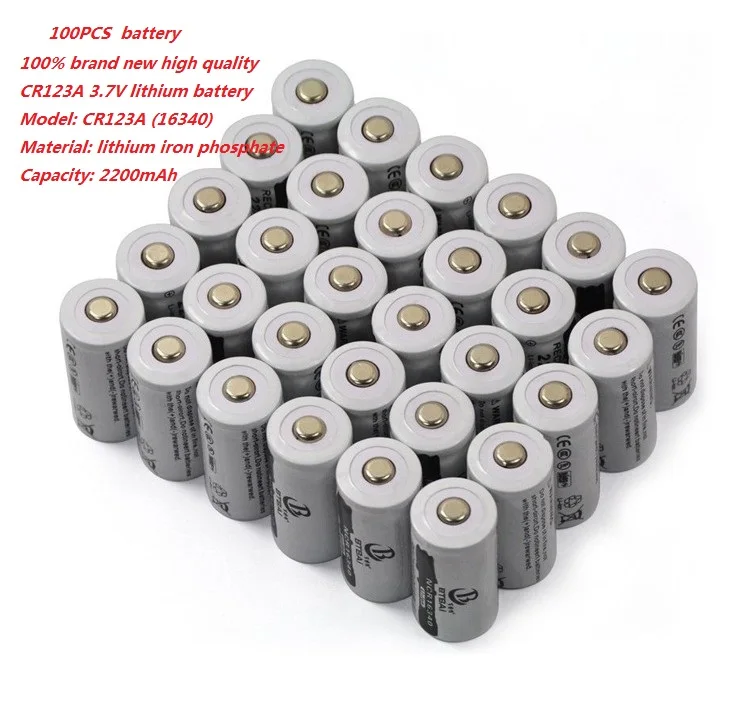 100pcs / lot 3.7V 2200mAh CR123A rechargeable lithium battery, 16340 LED Flashlight Lithium Battery