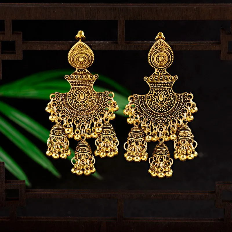 Nuevos pendientes étnicos Vintage geométricos turcos Jhumka para mujer, joyería india, pendientes colgantes con borlas de Color dorado, joyería turca