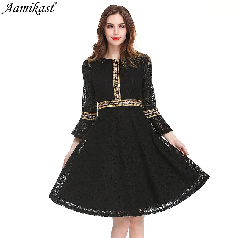 

Aamikast Womens Autumn Lace Dress Work Casual Slim Fashion O-neck Sexy Hollow Out black Dresses Women A-line Vintage Vestidos