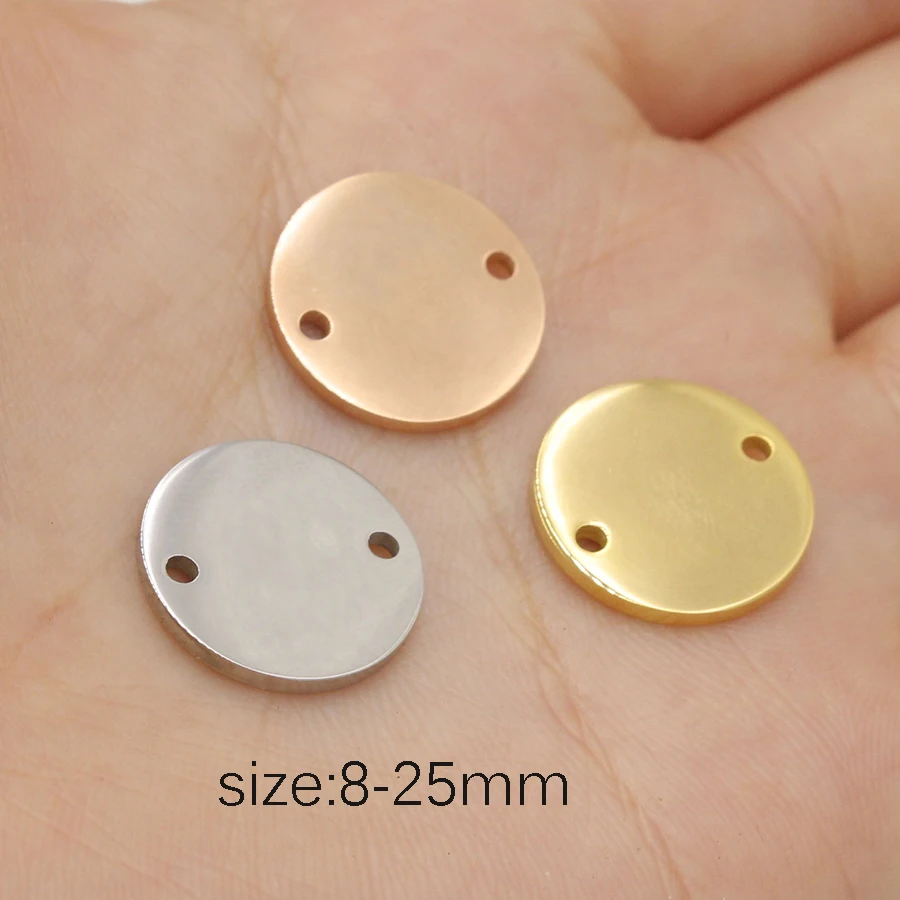 Fnixtar 20Pcs/Lot 8-25mm Mirror Polishe Stainless Steel Stamping Blank Disk Connector Two Inner Hole Gold Color DIY Charm Discs